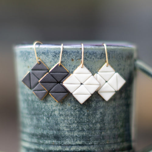 white and black square tile earrings