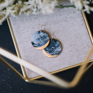 granite round black marbled earrings, gold filigree jewelry, Austin jewelry, porcelain wearable art, social impact jewelry, ethical accessory, wearable fine art