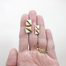 diagonal gold and white earrings, brushed gold jewelry, gold and white square studs, Austin jewelry, porcelain wearable art, social impact jewelry, ethical accessory