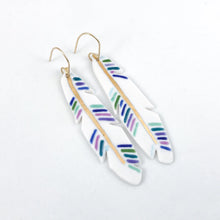 large feather earrings with color and gold accent