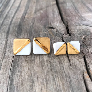 diagonal gold and white earrings, brushed gold jewelry, gold and white square studs, Austin jewelry, porcelain wearable art, social impact jewelry, ethical accessory