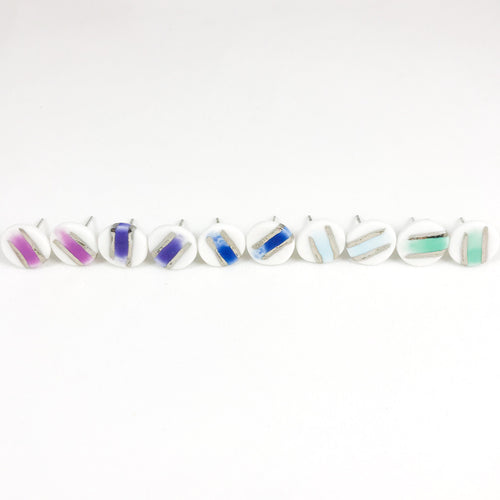 colorful brushed round studs - white gold