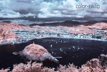 San Sebastian Bay Spain photography, blue and pink overhead aerial, Spanish sea sailing photo, Austin photographer, drone infrared photo