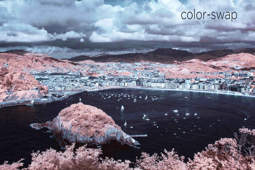 San Sebastian Bay Spain photography, blue and pink overhead aerial, Spanish sea sailing photo, Austin photographer, drone infrared photo