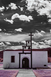Ruidoso New Mexico chapel church photo, infrared photography, Austin photographer, black and white clouds pink grass