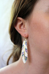large feather earrings with color and gold accent
