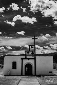 Ruidoso New Mexico chapel church photo, infrared photography, Austin photographer, black and white clouds