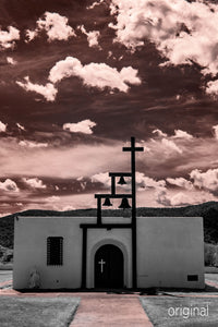 Ruidoso New Mexico chapel church photo, infrared photography, Austin photographer, sepia clouds