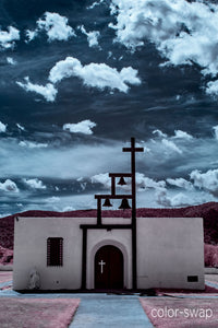 Ruidoso New Mexico chapel church photo, infrared photography, Austin photographer, turqouise clouds