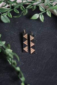 wooden rectangle earrings with gold accent, gilded rectangle earrings, Austin jewelry, artisan wood wearable art, social impact jewelry, ethical accessory