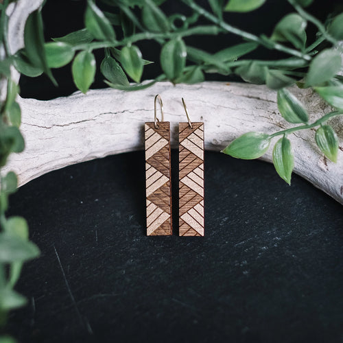 wooden rectangle earrings with gold accent, gilded rectangle earrings, Austin jewelry, artisan wood wearable art, social impact jewelry, ethical accessory