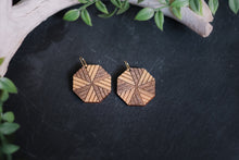 wood octagon earrings with gold accent, gilded geometric earrings, Austin jewelry, artisan wood wearable art, social impact jewelry, ethical accessory