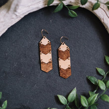 wooden chevron hanging earrings, Austin jewelry, artisan wood wearable art, social impact jewelry, ethical accessory, stained wood jewelry