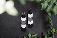 wood and white porcelain chevron hanging earrings, Austin jewelry, porcelain wearable art, social impact jewelry, ethical accessory, black and white wooden jewelry, grey and white earrings