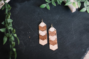 wood chevron hanging earrings, Austin jewelry, artisan wood wearable art, social impact jewelry, ethical accessory, stained wood jewelry