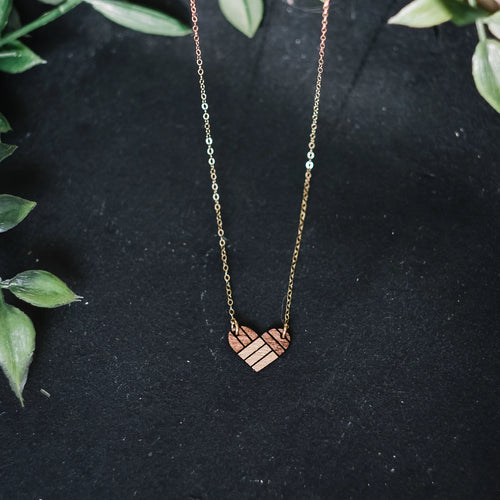wooden heart geometric necklace, natural sweetheart jewelry, Austin jewelry, artisan wood wearable art, social impact jewelry, ethical accessory