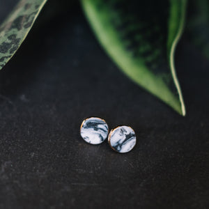granite black and white marbled studs, gold filigree jewelry, Austin jewelry, porcelain wearable art, social impact jewelry, ethical accessory