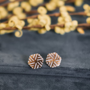 geometric earrings, gold filigree jewelry, white and gold, gold studs, Austin jewelry, porcelain wearable art, social impact jewelry, ethical accessory