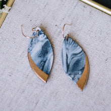 granite black and blue marbled leaf earrings, gold filigree jewelry, Austin jewelry, porcelain wearable art, social impact jewelry, ethical accessory