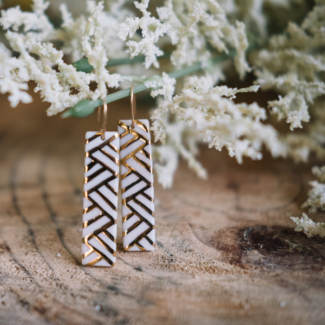 golden white porcelain rectangle earrings, gold filigree jewelry, white and gold, Austin jewelry, porcelain wearable art, social impact jewelry, ethical accessory