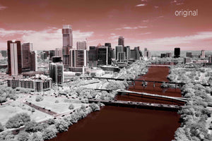 Austin aerial photo, infrared photography, drone photography, aerial city, Austin orange landscape, UT orange