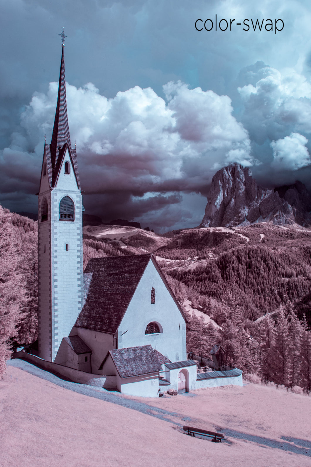 Chiesa di San Giacomo photo, infrared church photography, aerial drone infrared photo, European church landscape, Italian church in mountains photo