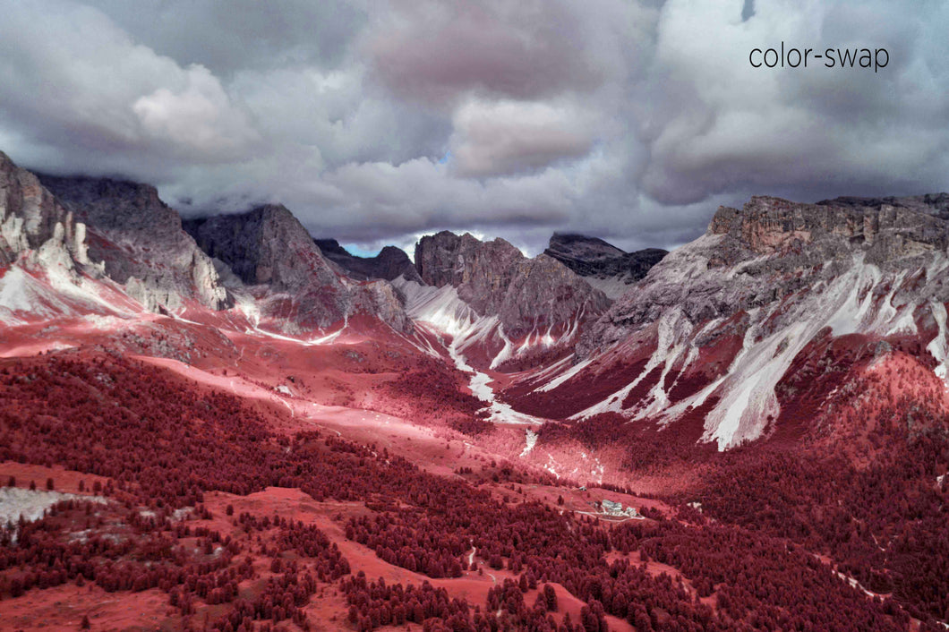Dolomites aerial landscape, infrared nature photography, Austin photographer, Italian mountains, overhead mountain perspective