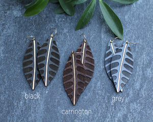 wood leaf earrings with etched arches, gilded wood earrings, Austin jewelry, artisan wood wearable art, social impact jewelry, ethical accessory