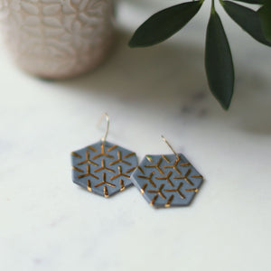 grey hexagon earrings, porcelain jewelry, porcelain earrings, clay jewelry, grey jewelry, gray jewelry, remnant studios, non-profit jewelry, ethical jewelry