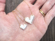 Dot bordered porcelain heart necklace, gold filigree jewelry, white and gold, Austin jewelry, porcelain wearable art, social impact jewelry, ethical accessory