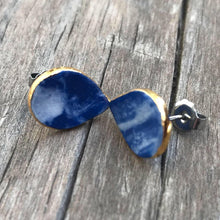 granite blue marbled porcelain teardrop studs, gold filigree jewelry, Austin jewelry, porcelain wearable art, social impact jewelry, ethical accessory
