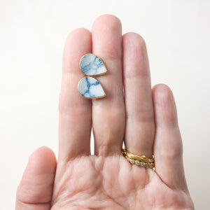 granite blue and white studs with gold accent, marbled tear drop earrings, gold filigree jewelry, Austin jewelry, porcelain wearable art, social impact jewelry, ethical accessory