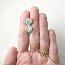granite teal and white round studs with gold accent, marbled circular earrings, gold filigree jewelry, Austin jewelry, porcelain wearable art, social impact jewelry, ethical accessory