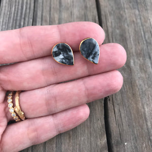granite blue marbled porcelain teardrop studs, gold filigree jewelry, Austin jewelry, porcelain wearable art, social impact jewelry, ethical accessory