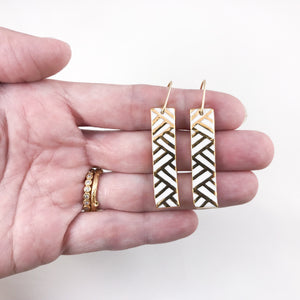 golden white porcelain rectangle earrings, gold filigree jewelry, white and gold, Austin jewelry, porcelain wearable art, social impact jewelry, ethical accessory