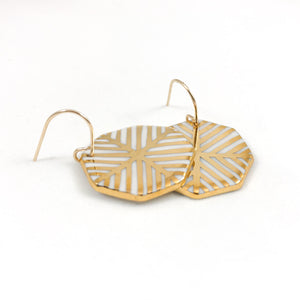 geometric gold inlay earrings, white and gold hanging earrings, gold filigree jewelry, Austin jewelry, porcelain wearable art, social impact jewelry, ethical accessory