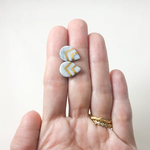 granite teal drop studs with gold accent, marbled earrings, gold filigree jewelry, Austin jewelry, porcelain wearable art, social impact jewelry, ethical accessory