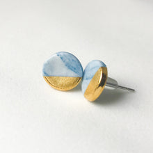 granite teal and white round studs with gold accent, marbled circular earrings, gold filigree jewelry, Austin jewelry, porcelain wearable art, social impact jewelry, ethical accessory