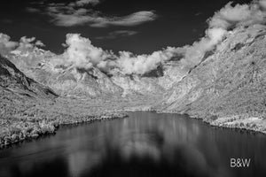 Lake Bohinj photo, cloud and mountain landscape, infrared photography, black and white drone photography, Austin photographer