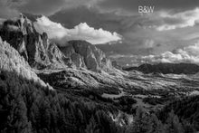 sunset on Langkofel aerial photo, infrared photography, Italy drone black and white photography, aerial Dolomites mountain landscape, Austin photographer