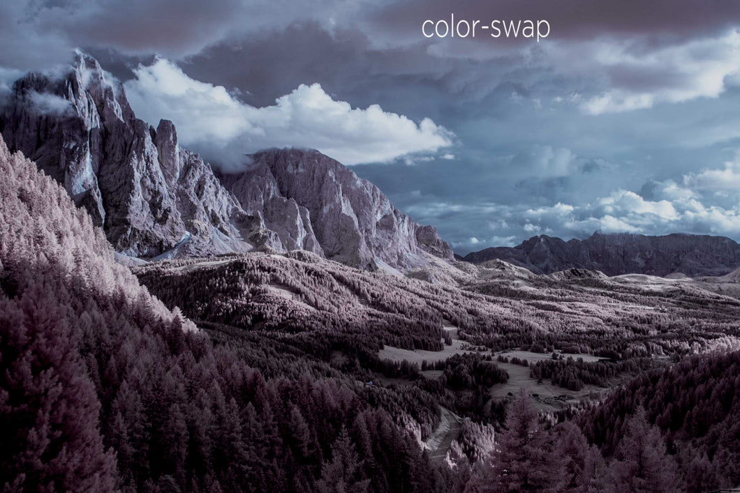 sunset on Langkofel aerial photo, infrared photography, Italy drone photography, aerial Dolomites mountain landscape, Austin photographer
