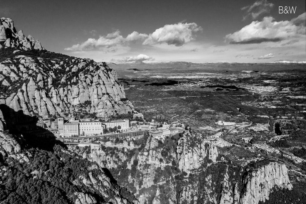 Montserrat aerial photo, infrared photography, drone photography, aerial city, Austin photographer, black and white European landscape