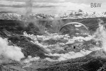 parasail aerial photo, cloud and mountain landscape, infrared photography, drone photography, Austin photographer, black and white overhead