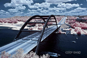 Pennybacker Bridge Austin aerial photo, 360 Bridge infrared photography, drone photography, pink and blue aerial city, Austin photographer