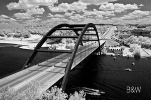 Pennybacker Bridge Austin aerial photo, 360 Bridge infrared photography, drone photography, black and white aerial city, Austin photographer