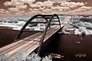 Pennybacker Bridge Austin aerial photo, 360 Bridge infrared photography, drone photography, orange and brown aerial city, Austin photographer, hook em horns photography