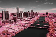 Austin aerial photo, infrared photography, drone photography, aerial city, Austin pink landscape