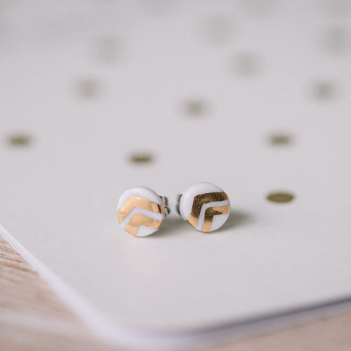 tiny dot studs with gold chevron accent, gold filigree jewelry, white and gold, Austin jewelry, porcelain wearable art, social impact jewelry, ethical accessory