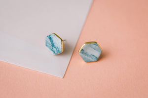 granite teal and white studs with gold accent, marbled geometric earrings, gold filigree jewelry, Austin jewelry, porcelain wearable art, social impact jewelry, ethical accessory