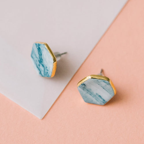 granite blue and white studs with gold accent, marbled geometric earrings, gold filigree jewelry, Austin jewelry, porcelain wearable art, social impact jewelry, ethical accessory